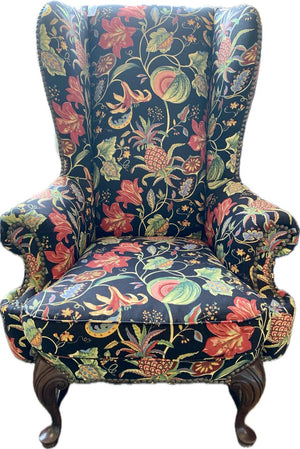 Lillian August Wing Back Chair in Black Floral Upholstery