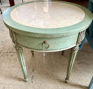 Vintage Distressed Green Side Table with Marble Top