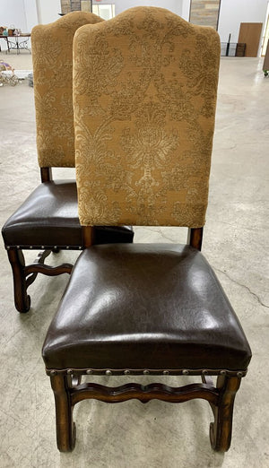 PAIR/ Leather & Damask Captain Dining Chairs