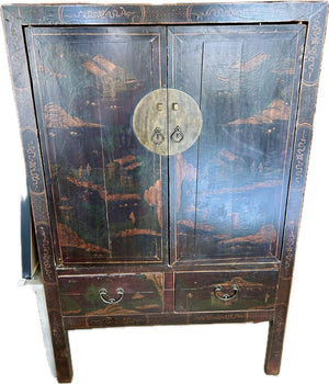 Asian Cabinet with Detailed Painting and Interior Shelf